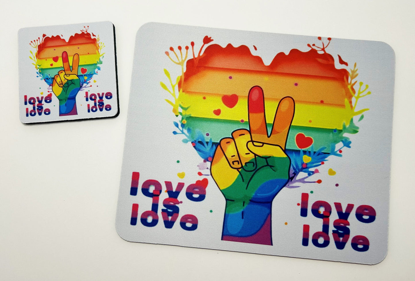 Love Respect Freedom Tolerance Equality Pride Rainbow Mouse Pad and Coaster Set - LGBT Matching Desk Set - Multiple Designs