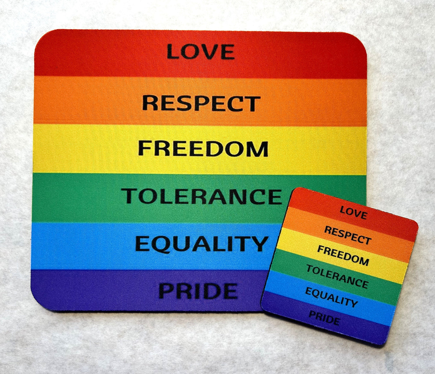 Love Respect Freedom Tolerance Equality Pride Rainbow Mouse Pad and Coaster Set - LGBT Matching Desk Set - Multiple Designs