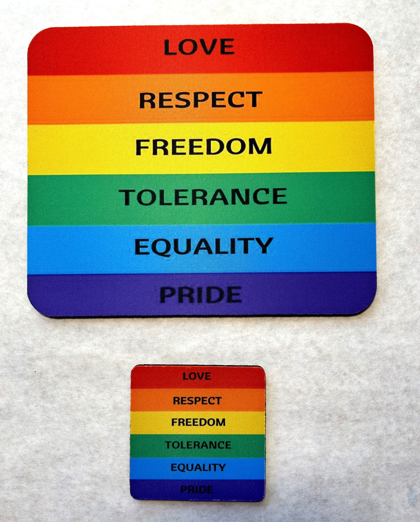 Love Respect Freedom Tolerance Equality Pride Rainbow Mouse Pad and Coaster Set - LGBT Matching Desk Set - Multiple Designs