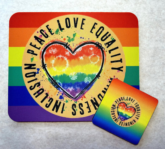 Peace Love Equality Kindness Inclusion Rainbow Mouse Pad and Coaster Set - LGBT Pride Matching Desk Set - Multiple Designs